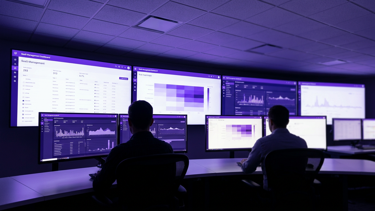 Enterprise security operations room with large monitors displaying SaaS and AI activity dashboards, analysts viewed from behind