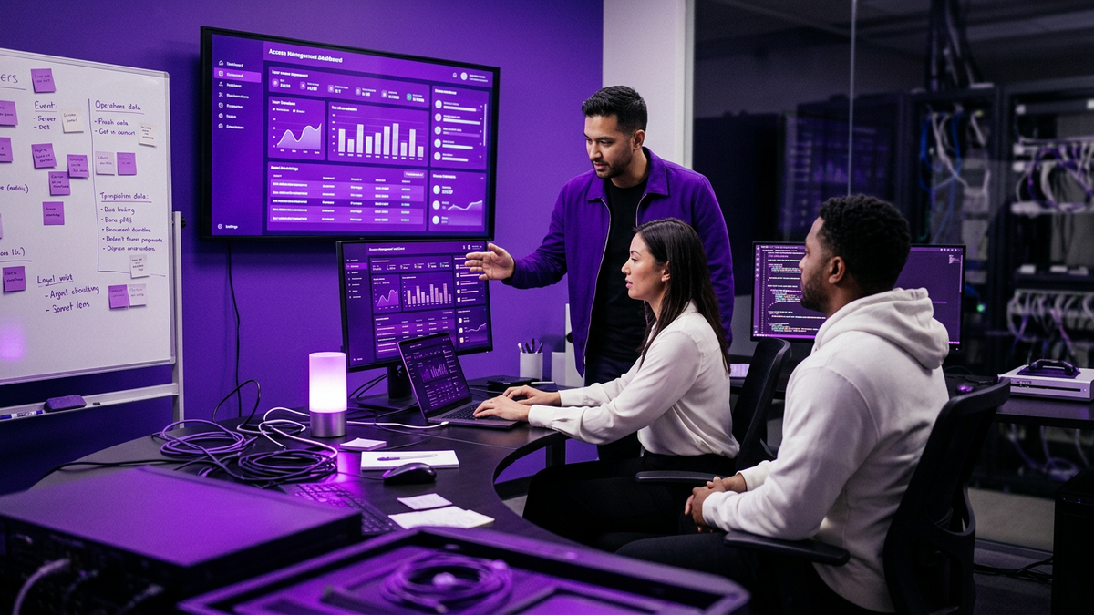 IT professionals collaborating around large monitors displaying automated provisioning dashboards in a modern enterprise office