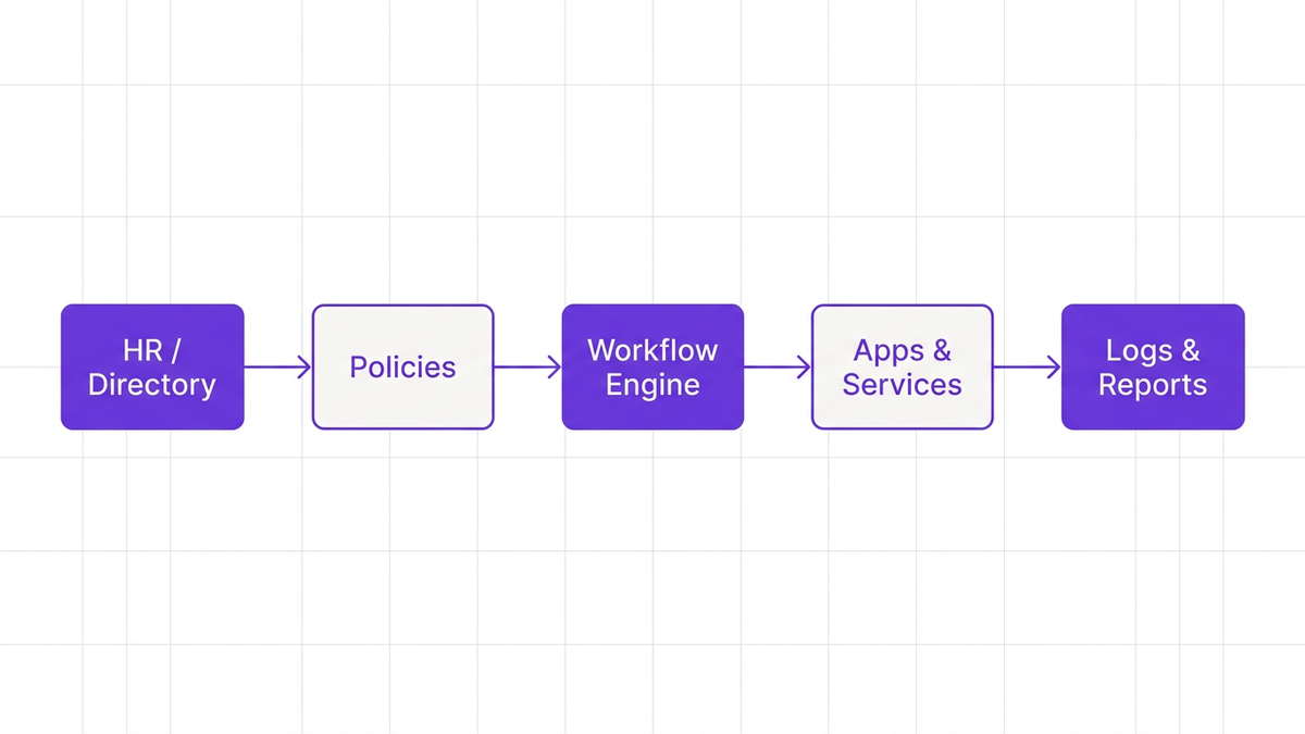 Left-to-right lifecycle diagram showing the automated user provisioning and deprovisioning workflow from HR system through IAM to SaaS apps and audit logs