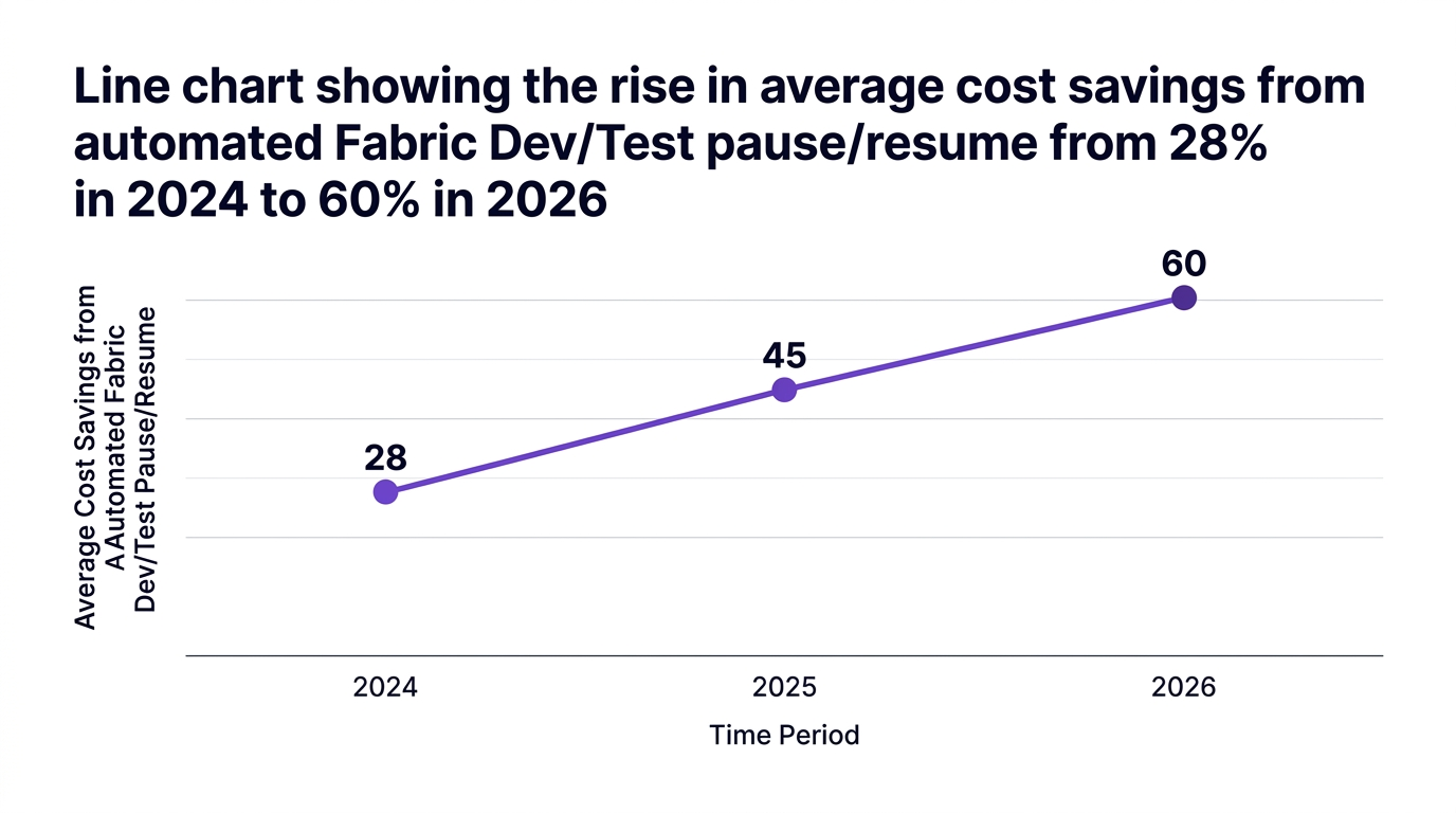 Line chart showing line chart showing the rise in average cost savings from automated fabric dev/test pause/resume from 28% in 2024 to 60% in 2026 — data visualization for average cost savings from automated fabric dev/test pause/resume