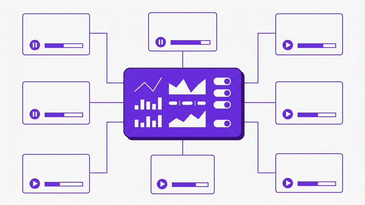 Flat illustration of a central AI control console managing multiple cloud environment tiles with pause, play, and cost indicators