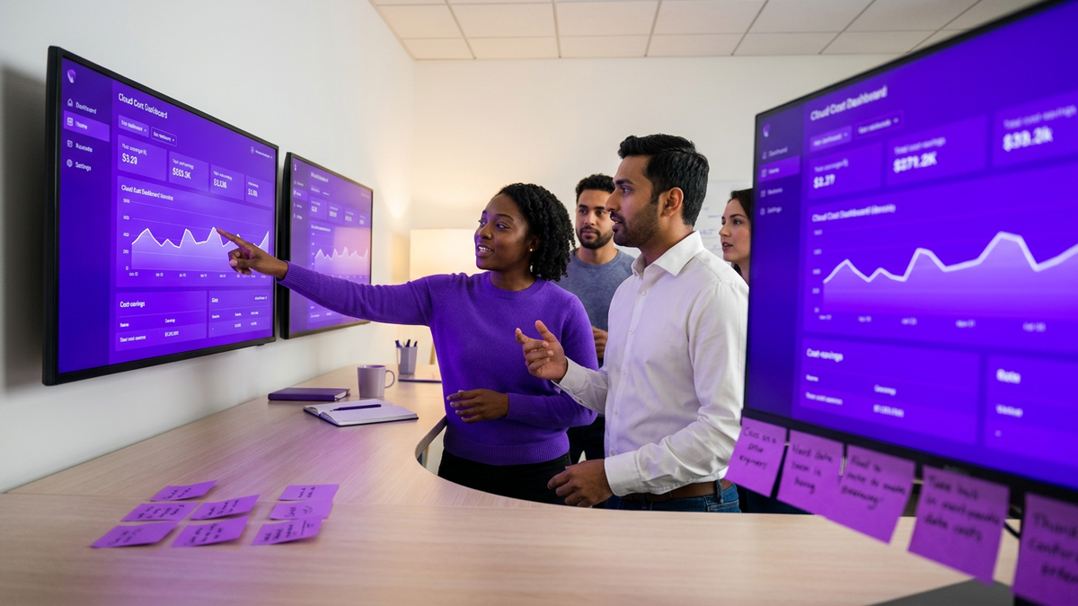 Enterprise IT and FinOps team collaborating around large cloud cost dashboards in a modern office environment