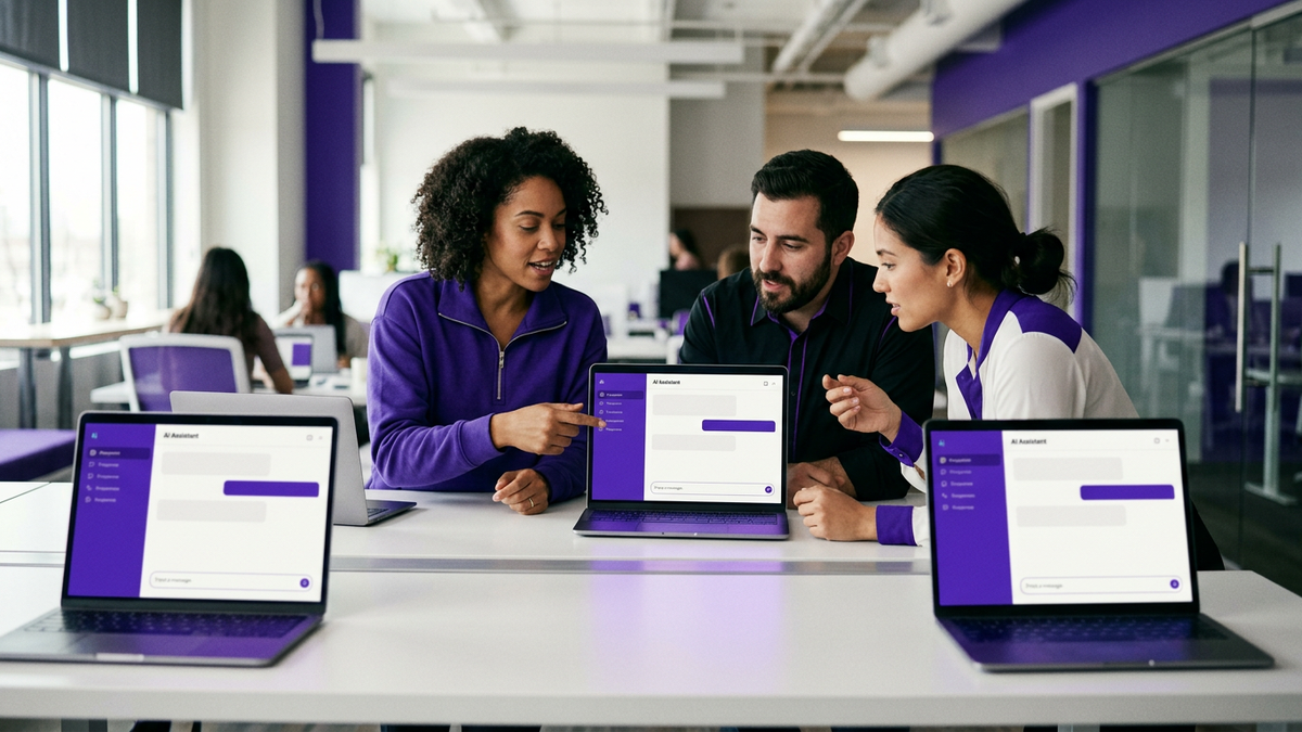 Office workers collaborating at laptops with AI-style interfaces visible on screens, illustrating informal shadow AI tool usage in the enterprise