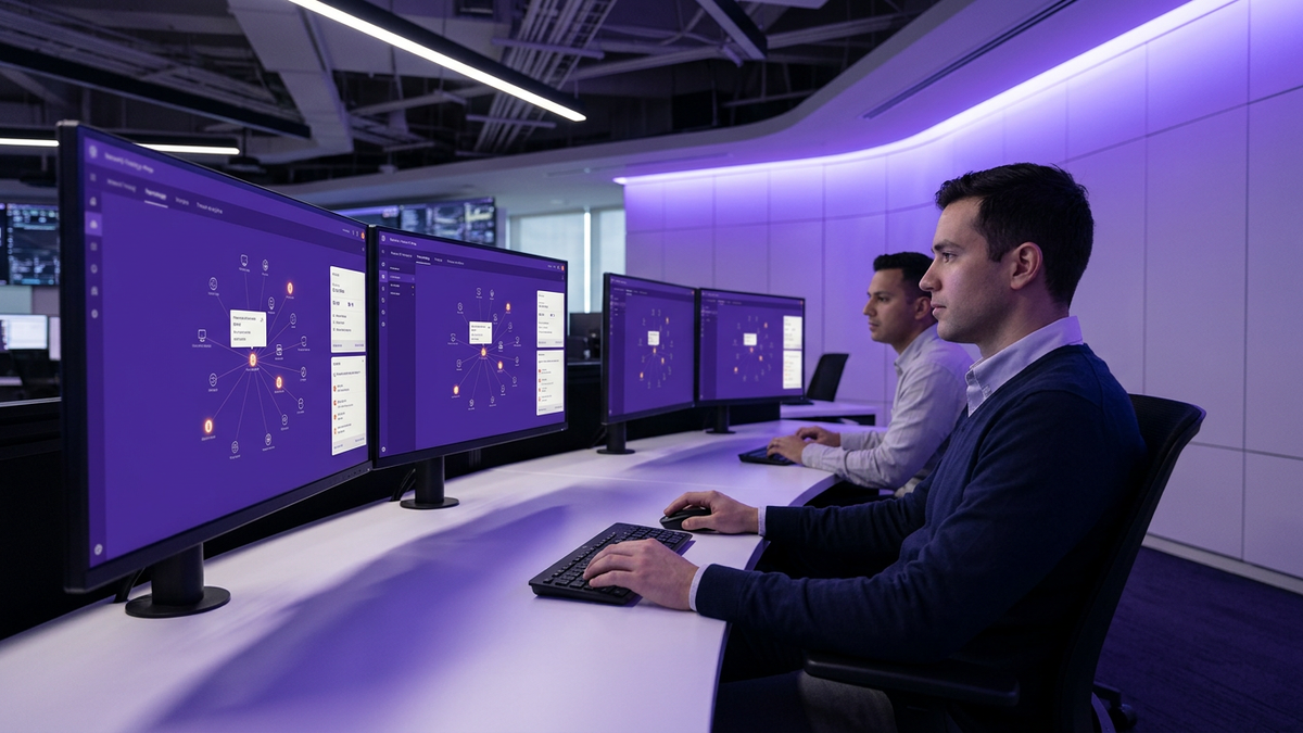Enterprise security operations center with analysts reviewing threat dashboards on large monitors, depicting shadow AI incident response