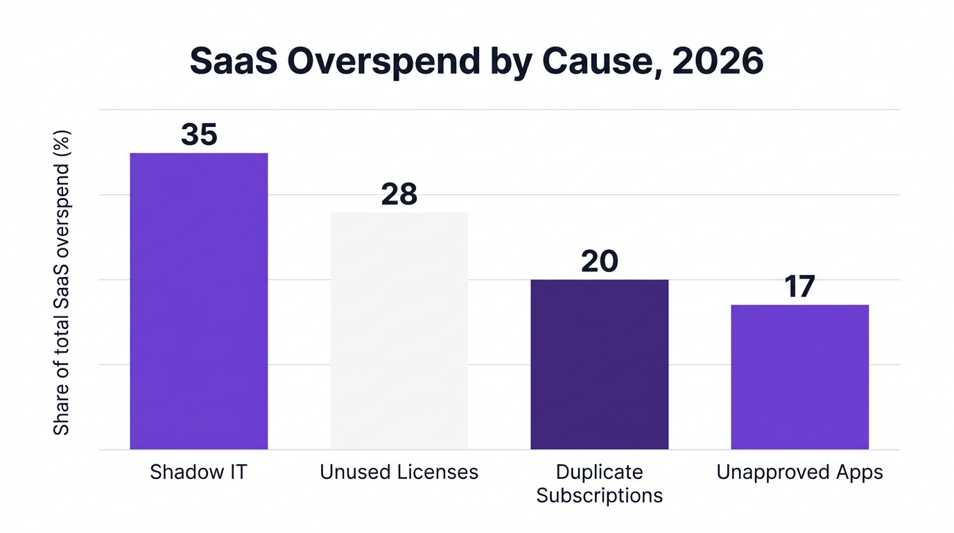 Bar chart showing saas overspend by cause, 2026 — data visualization for share of total saas overspend (%)