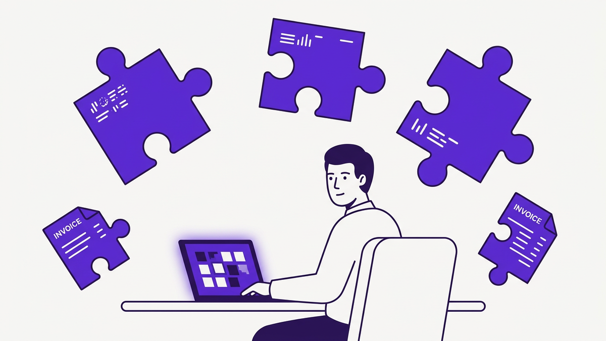 Flat editorial illustration depicting a fragmented SaaS inventory with disconnected puzzle pieces and floating invoices representing poor SaaS discovery for enterprise IT