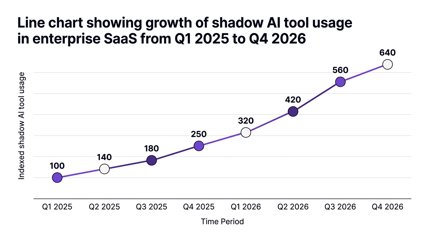 Line chart showing line chart showing growth of shadow ai tool usage in enterprise saas from q1 2025 to q4 2026 — data visualization for indexed shadow ai tool usage