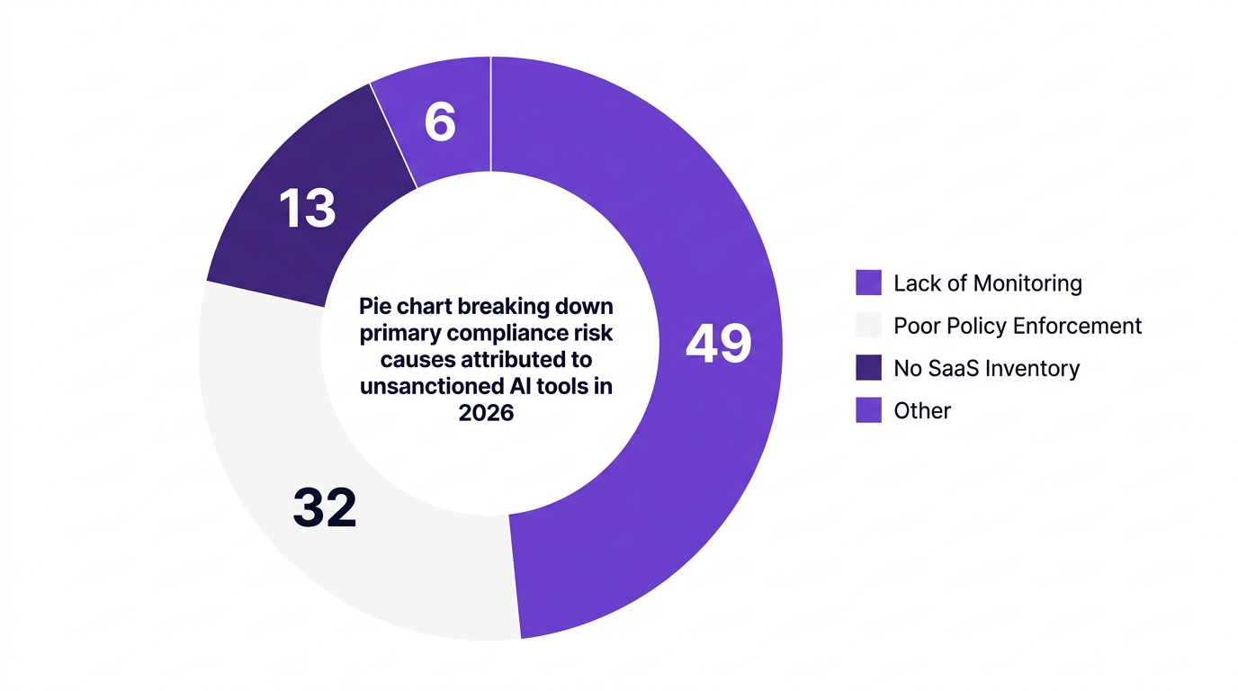 Pie chart showing pie chart breaking down primary compliance risk causes attributed to unsanctioned ai tools in 2026 — data visualization for share of compliance incidents (%)
