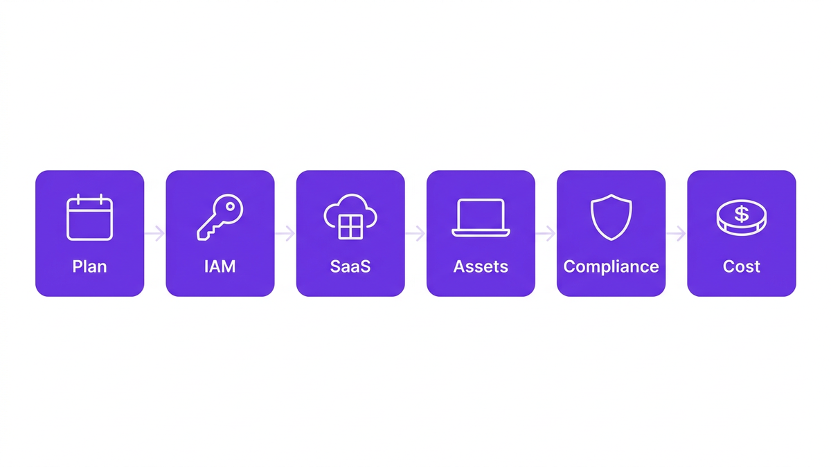 Flat illustration of a six-stage IT offboarding workflow with labeled nodes for Plan, IAM, SaaS, Assets, Compliance, and Cost
