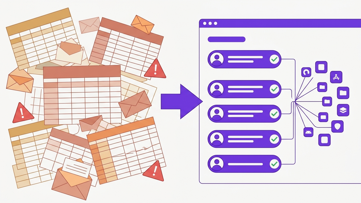 Flat editorial illustration contrasting messy spreadsheet-based access reviews on the left with a clean centralized dashboard on the right