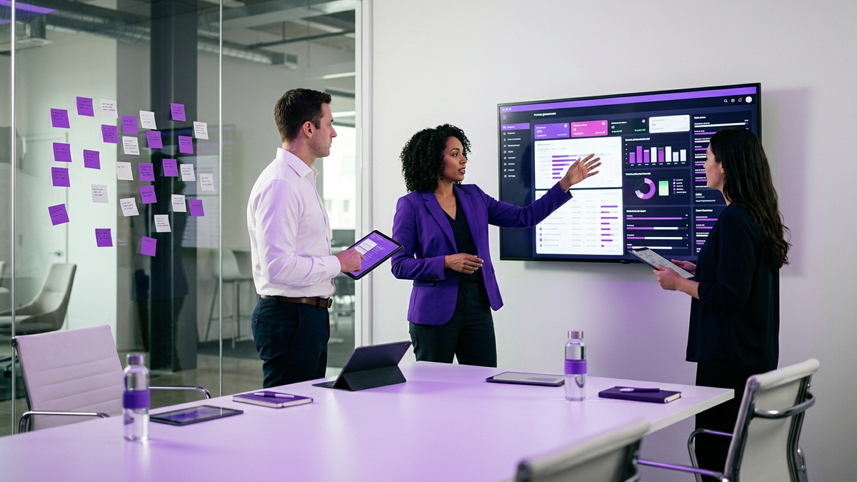 IT and security leaders collaborating around a large screen displaying an access governance dashboard in a modern conference room