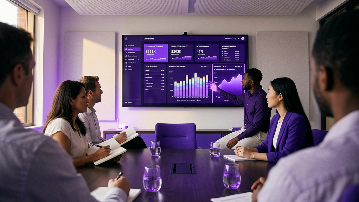 IT and finance professionals reviewing AI and cloud cost dashboards together in a conference room
