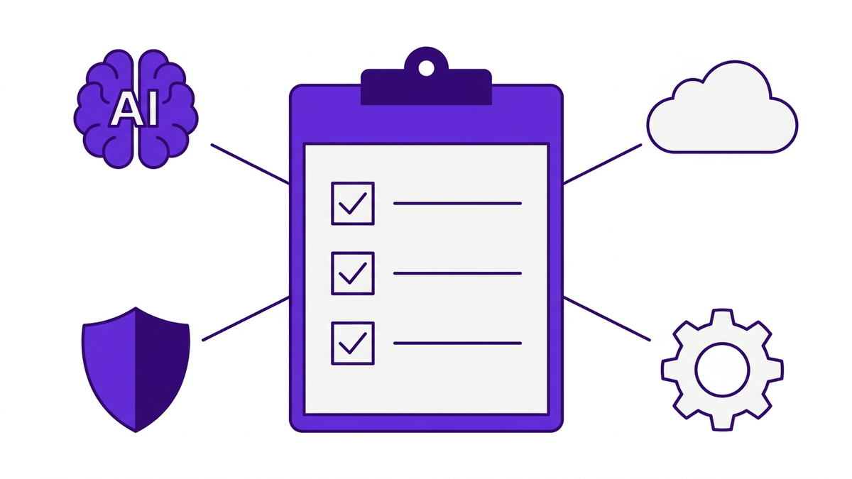 Flat illustration of a governance checklist clipboard surrounded by AI brain, cloud, and shield icons representing FinOps for AI action steps