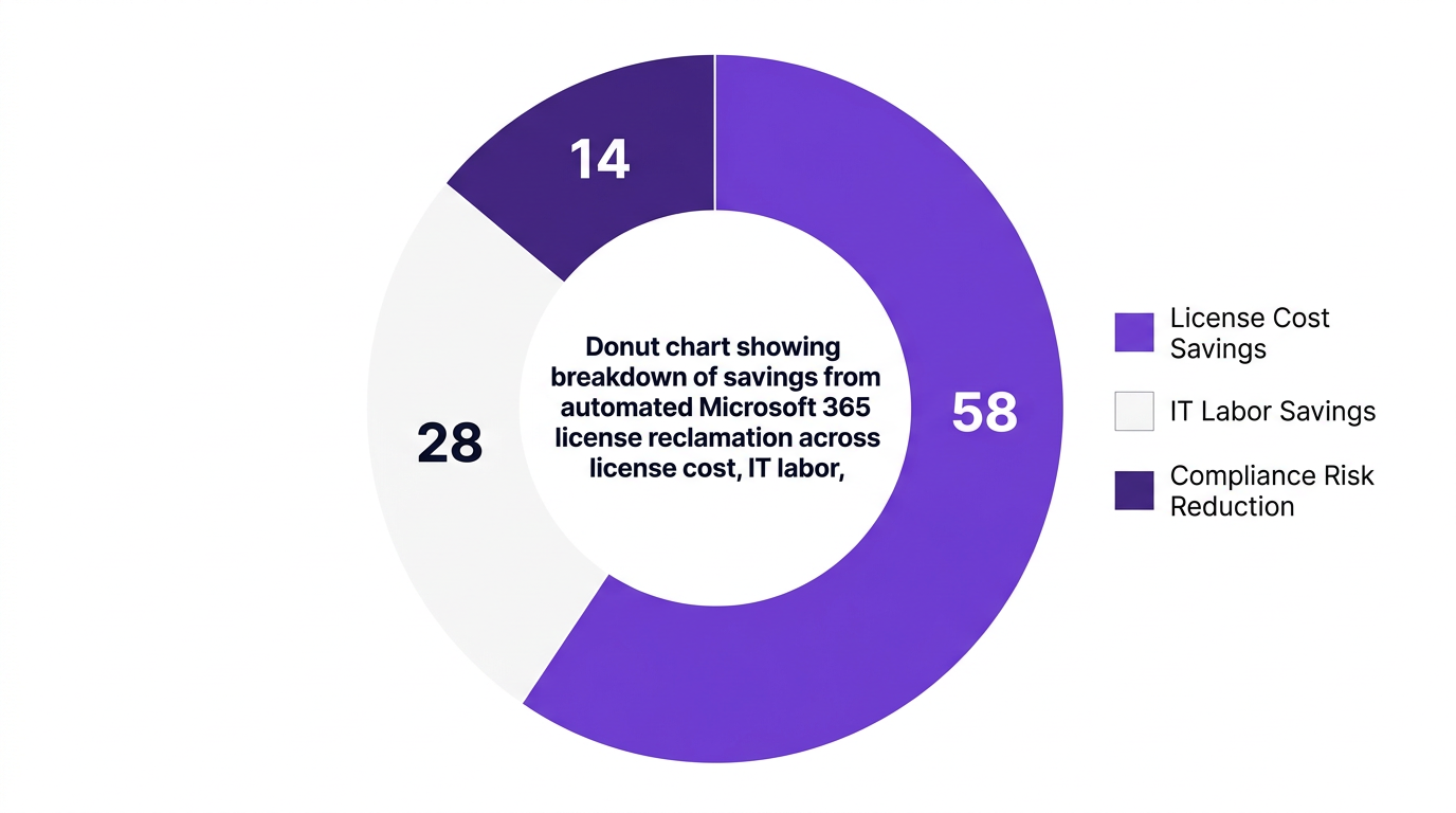 Pie chart showing donut chart showing breakdown of savings from automated microsoft 365 license reclamation across license cost, it labor, and compliance risk reduction, sourced from idc 2026 — data visualization for share of benefits from automated m365 license reclamation, 2026