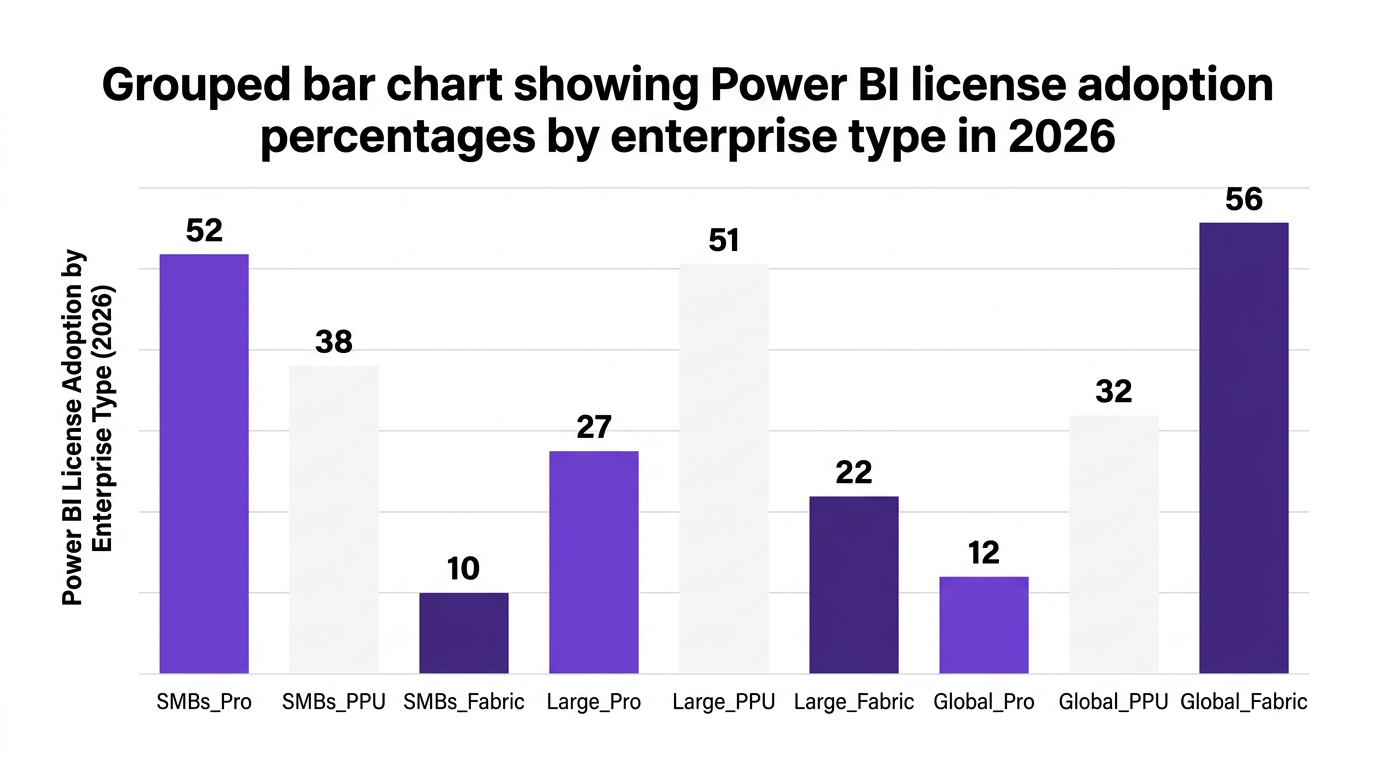 Bar chart showing grouped bar chart showing power bi license adoption percentages by enterprise type in 2026 — data visualization for power bi license adoption by enterprise type (2026)