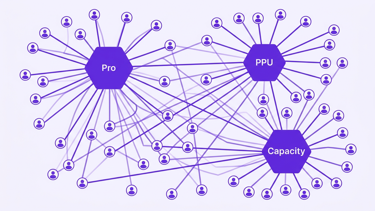 Illustration showing a fragmented enterprise licensing network with nodes labeled Pro, PPU, and Capacity
