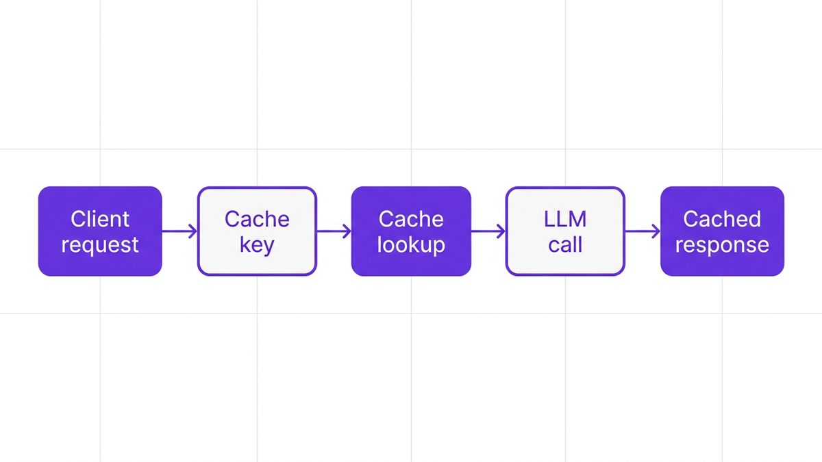 Step-by-step flow diagram illustrating the prompt caching design pattern from client request through cache lookup to LLM response