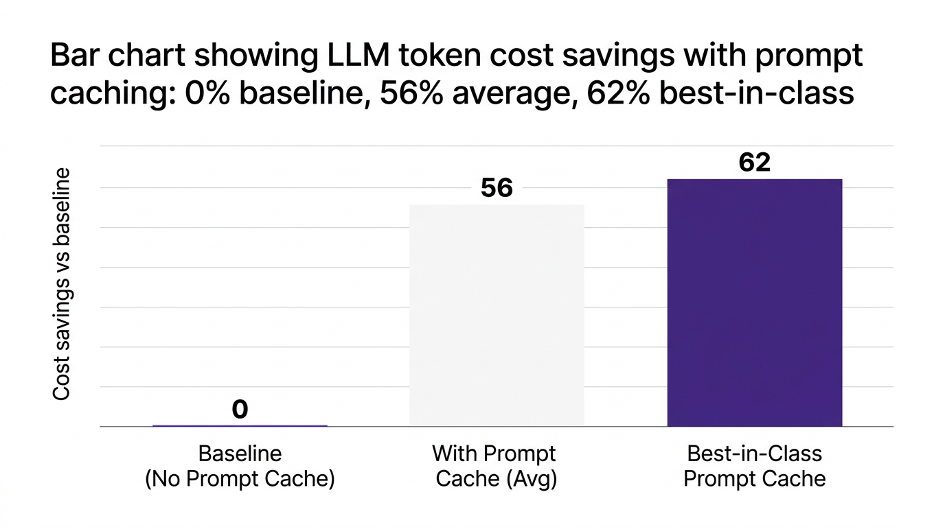 Bar chart showing bar chart showing llm token cost savings with prompt caching: 0% baseline, 56% average, 62% best-in-class — data visualization for cost savings vs baseline