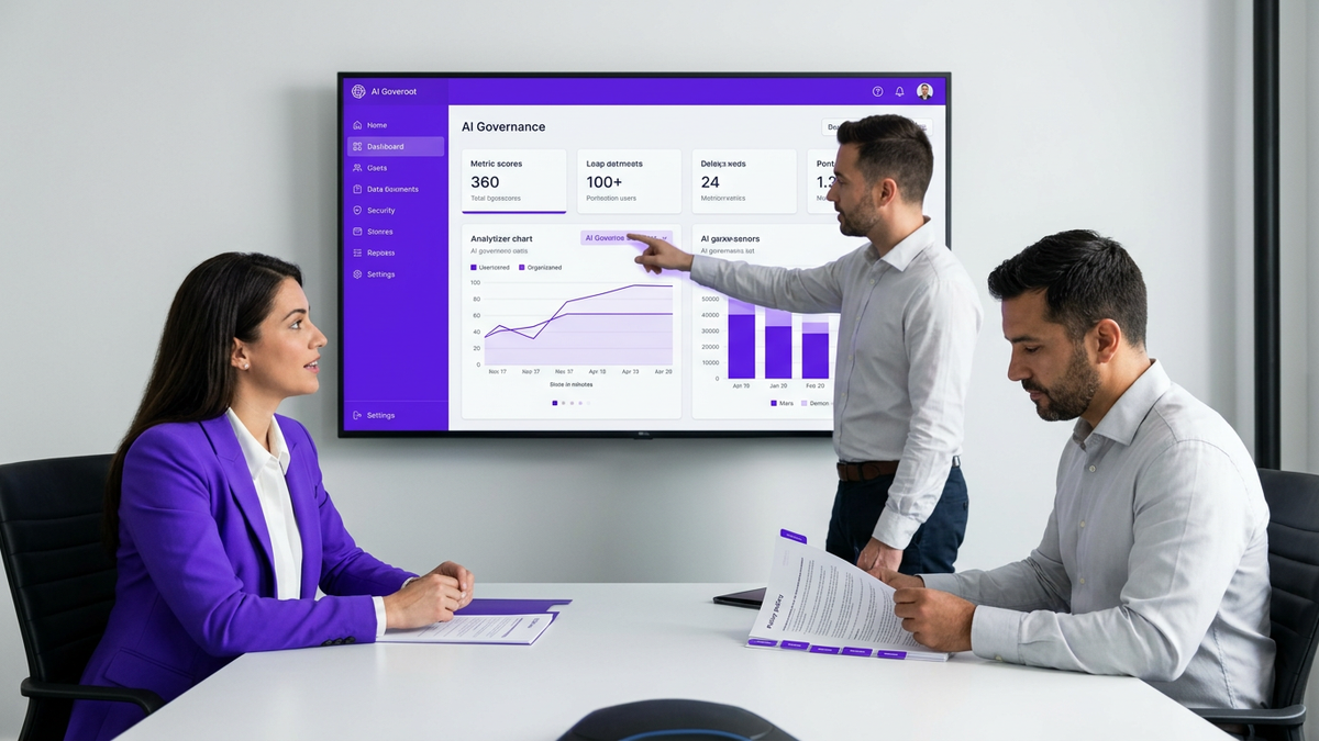 IT and security leaders in a modern conference room reviewing AI governance dashboards on a large screen, representing secure prompt caching policy discussions