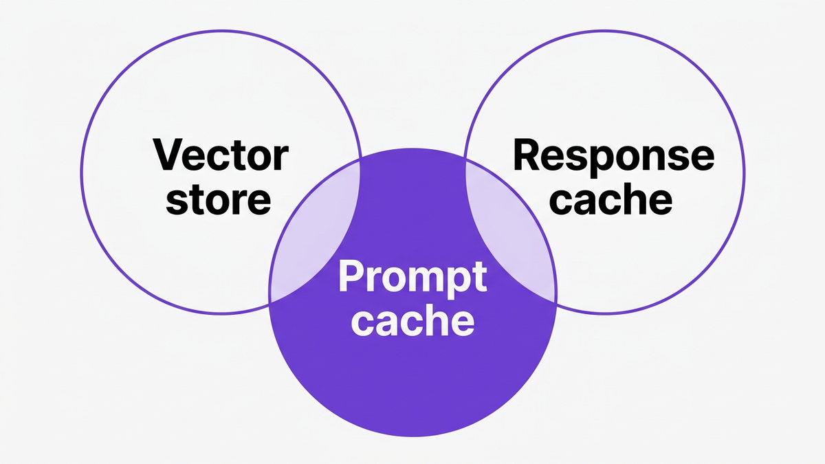 Conceptual Venn-style illustration distinguishing vector store, prompt cache, and response cache with labeled overlap zones