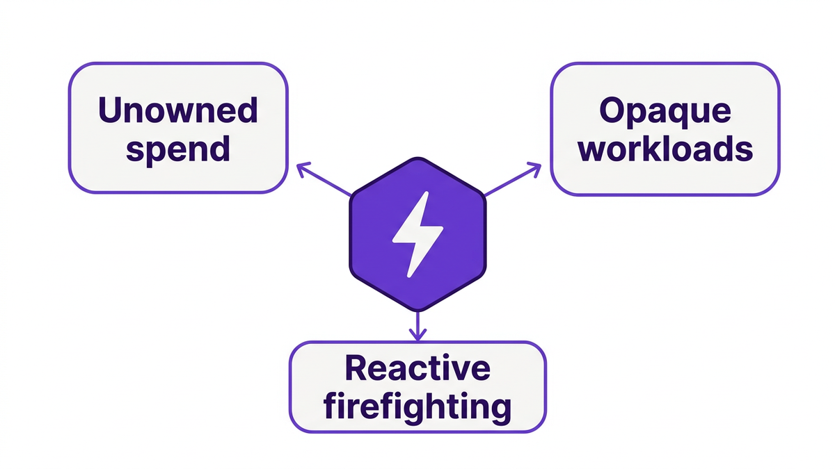 Illustration of three failure modes of Fabric capacity governance: unowned spend, opaque workloads, and reactive firefighting