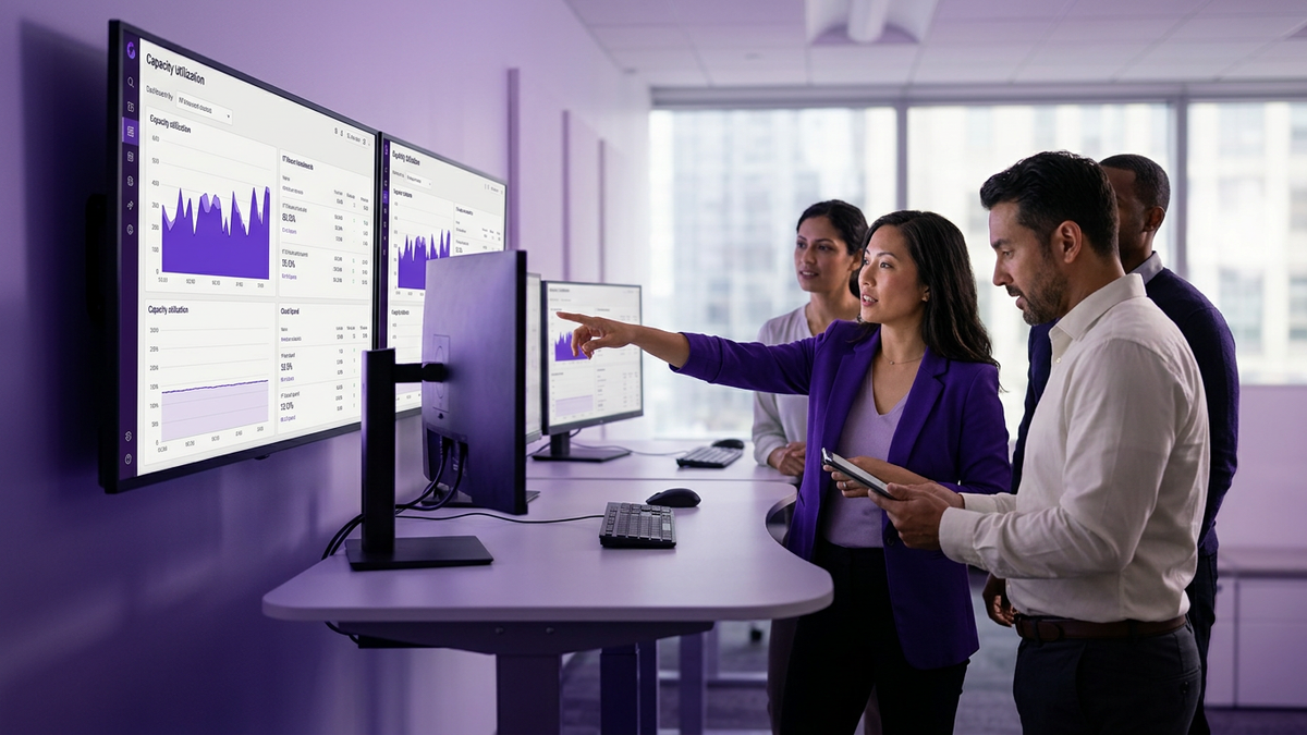 IT and FinOps professionals collaborating in a modern office around large monitors showing governance dashboards