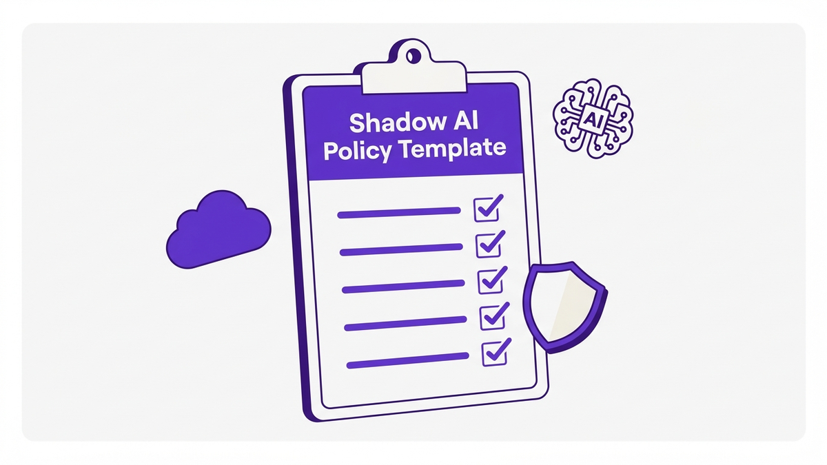 Flat illustration of a shadow AI policy template clipboard surrounded by AI and cloud governance icons