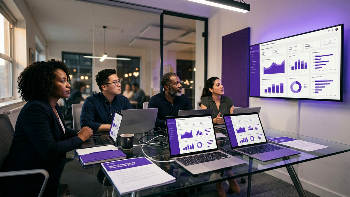 IT and security leaders in a conference room reviewing shadow AI governance dashboards on a large screen