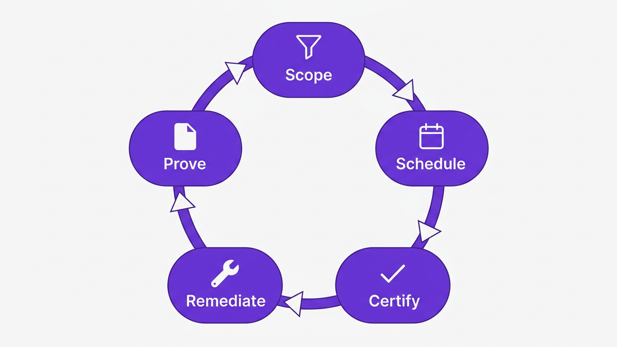 Circular flow diagram illustration showing the five steps of a user access review cycle: Scope, Schedule, Certify, Remediate, Prove