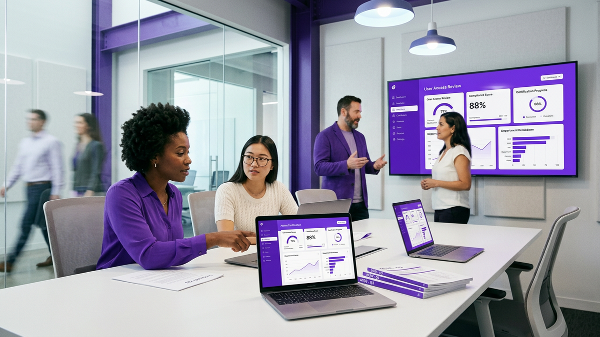 IT and business professionals collaborating in a meeting room reviewing access review dashboards on laptops and a large screen