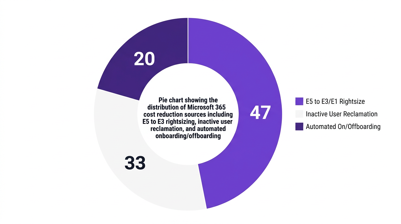 Pie chart showing pie chart showing the distribution of microsoft 365 cost reduction sources including e5 to e3 rightsizing, inactive user reclamation, and automated onboarding/offboarding — data visualization for contribution to total microsoft 365 cost reduction (%)