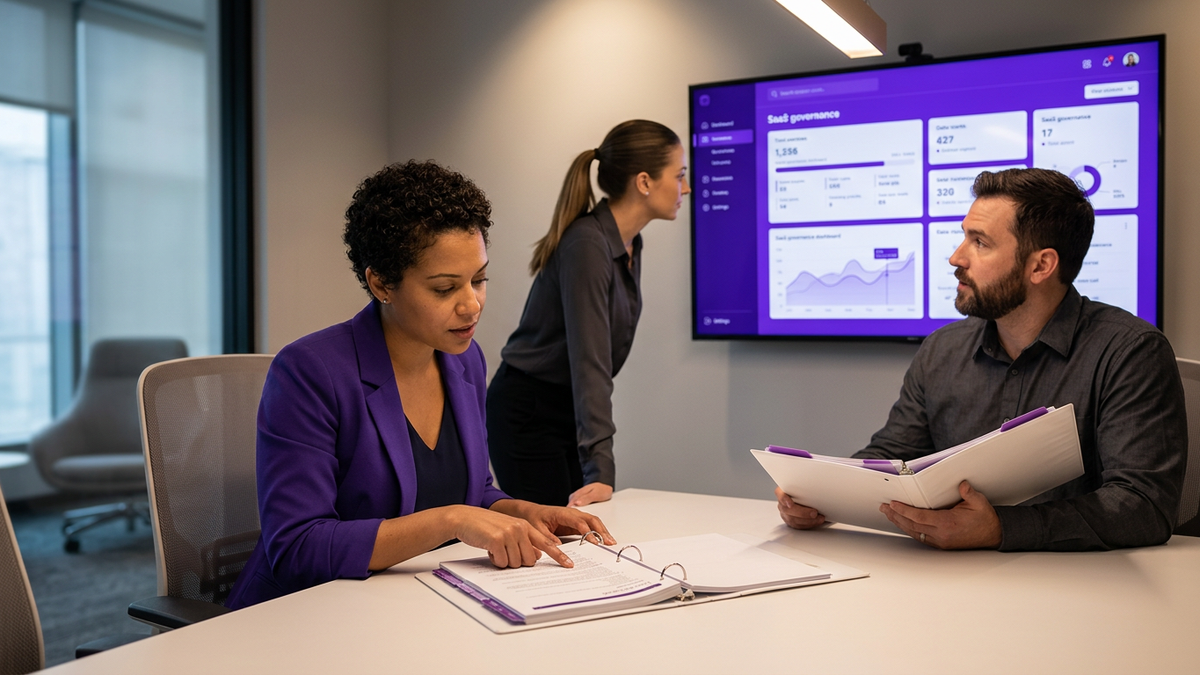 IT and security leaders collaborating around a SaaS discovery runbook in a modern meeting room with a large dashboard screen