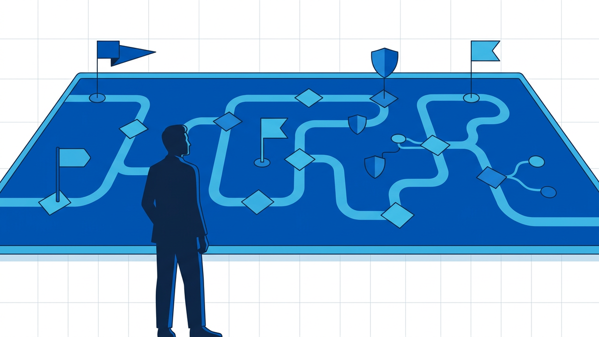 Illustration of an enterprise leader examining a digital AI governance roadmap with milestone checkpoints.