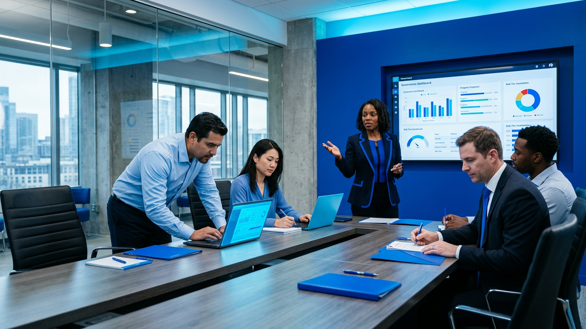 Diverse enterprise team collaborating in a conference room around AI governance dashboards on a large screen.