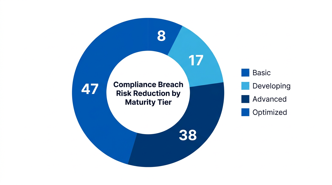 Pie chart showing compliance breach risk reduction percentages by AI governance maturity tier, sourced from Forrester 2026.