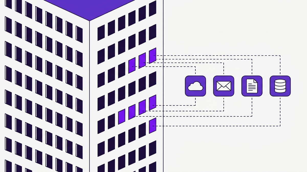 Conceptual illustration of an office building with open glowing windows representing lingering SaaS access risks during manual offboarding