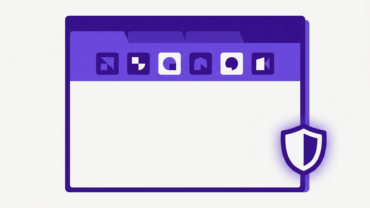 Flat editorial illustration of a stylized browser window with SaaS app tab icons and a privacy shield, representing browser extension SaaS tracking