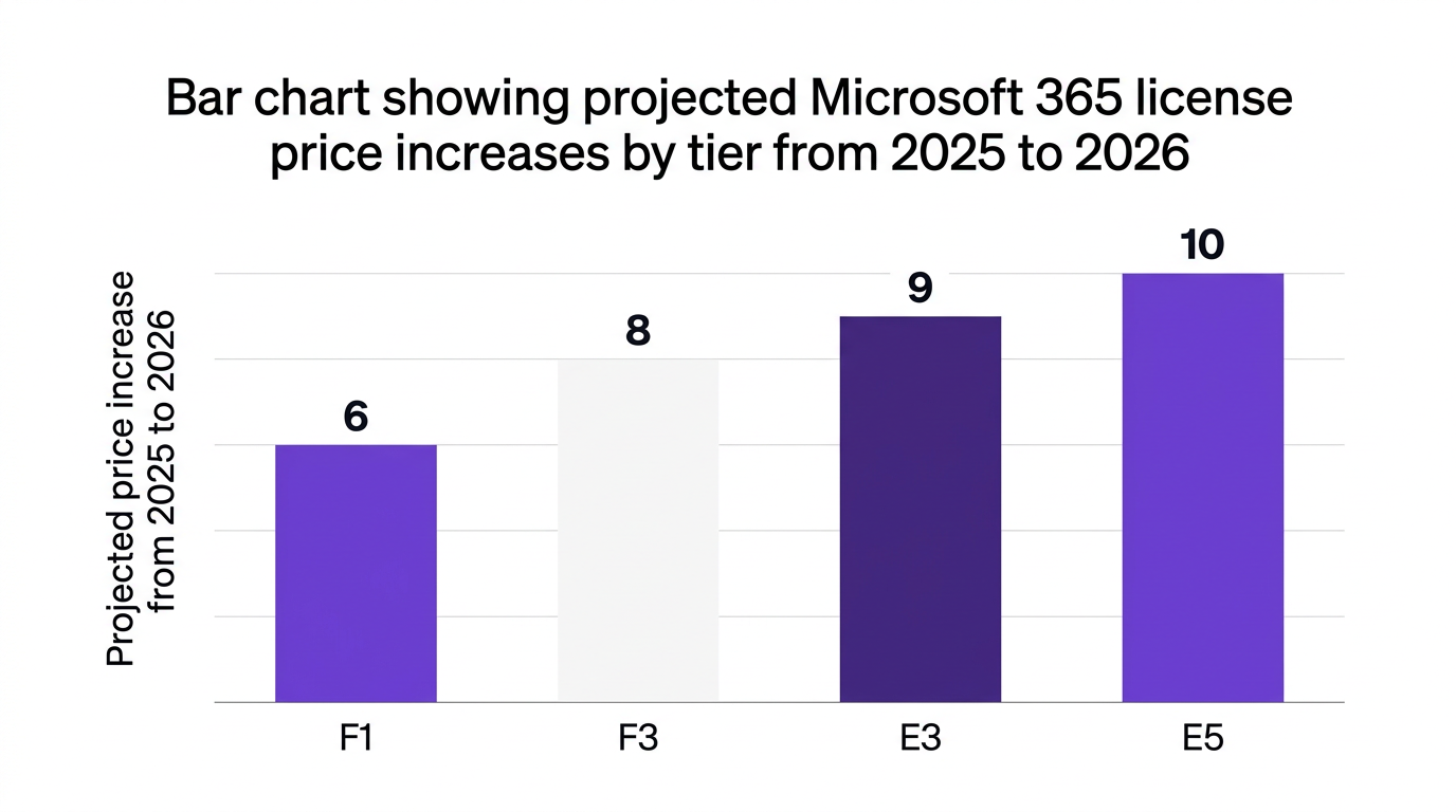 Bar chart showing bar chart showing projected microsoft 365 license price increases by tier from 2025 to 2026 — data visualization for projected price increase from 2025 to 2026