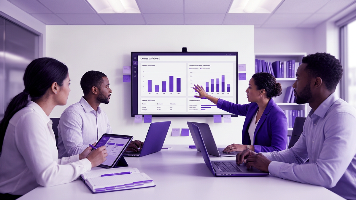 IT and finance professionals collaborating around a conference table reviewing license optimization charts on a large screen