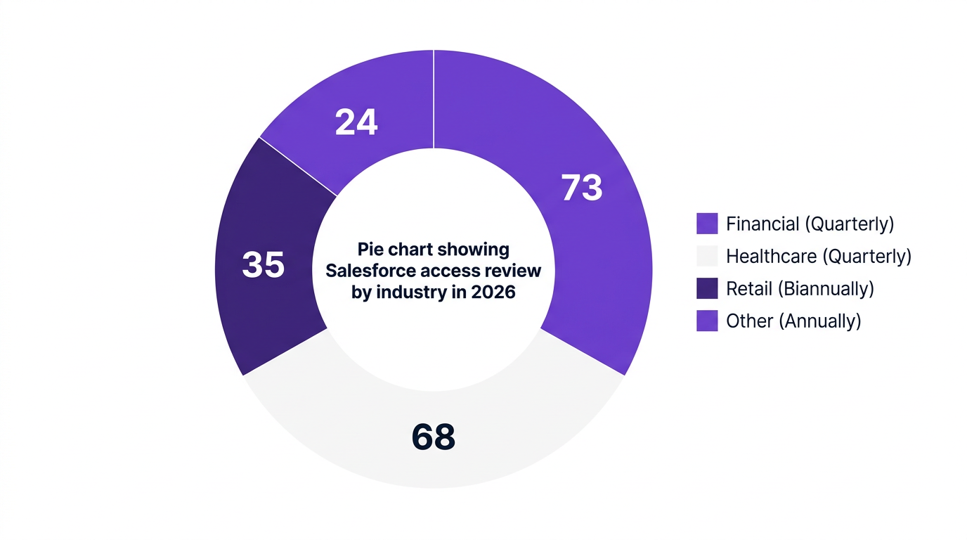 Pie chart showing pie chart showing salesforce access review frequency by industry in 2026 — data visualization for percentage of organizations by review cadence
