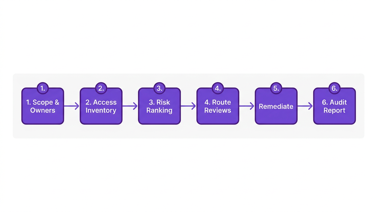 Six-step process flow diagram for running a Salesforce user access review from scoping through audit reporting