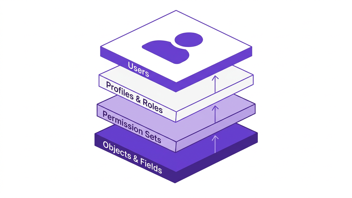 Layered illustration showing the stacked components of Salesforce access: users, profiles and roles, permission sets, and objects and fields