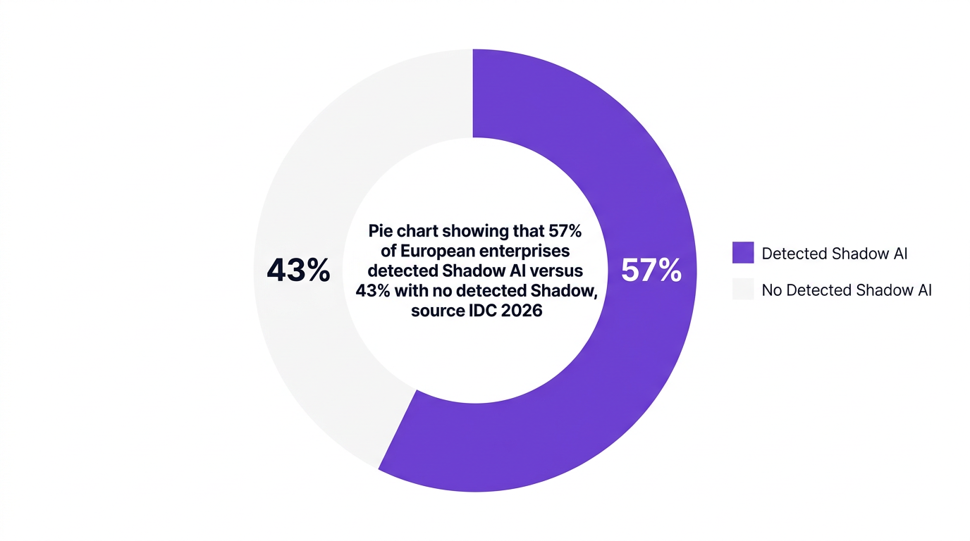 Pie chart showing pie chart showing that 57% of european enterprises detected shadow ai versus 43% with no detected shadow ai, source idc 2026 — data visualization for prevalence of shadow ai in european enterprises (2026)