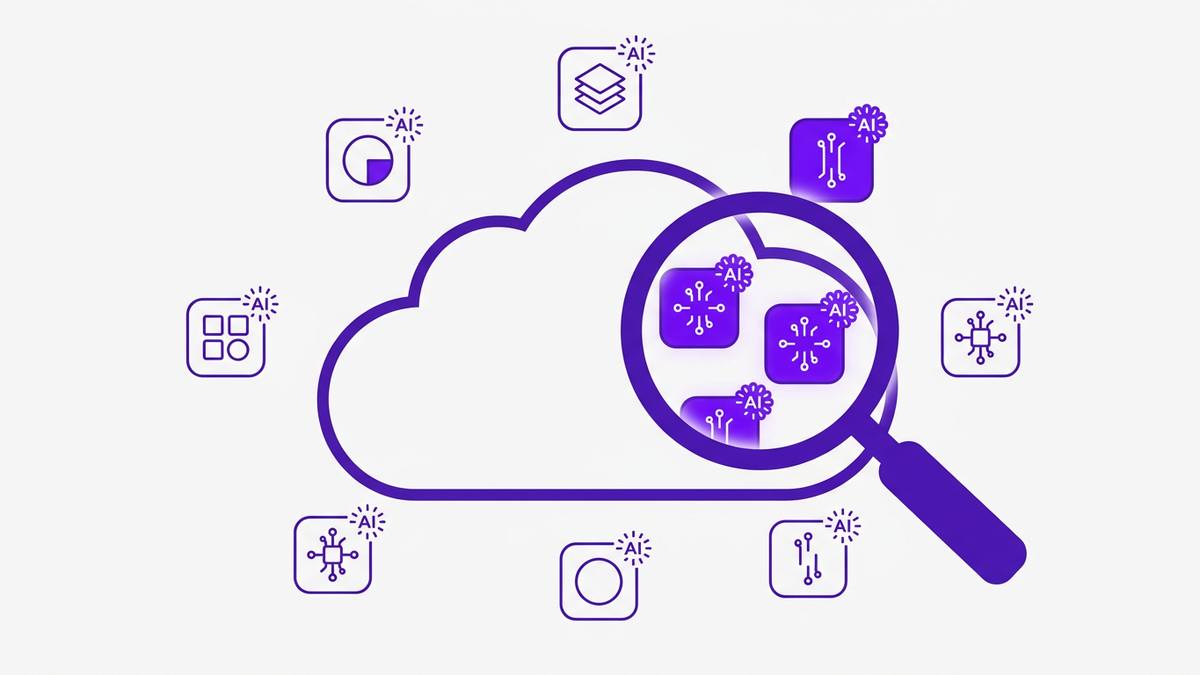 Flat editorial illustration of a cloud environment with abstract AI app icons being revealed by a magnifying glass, representing the AI discovery phase