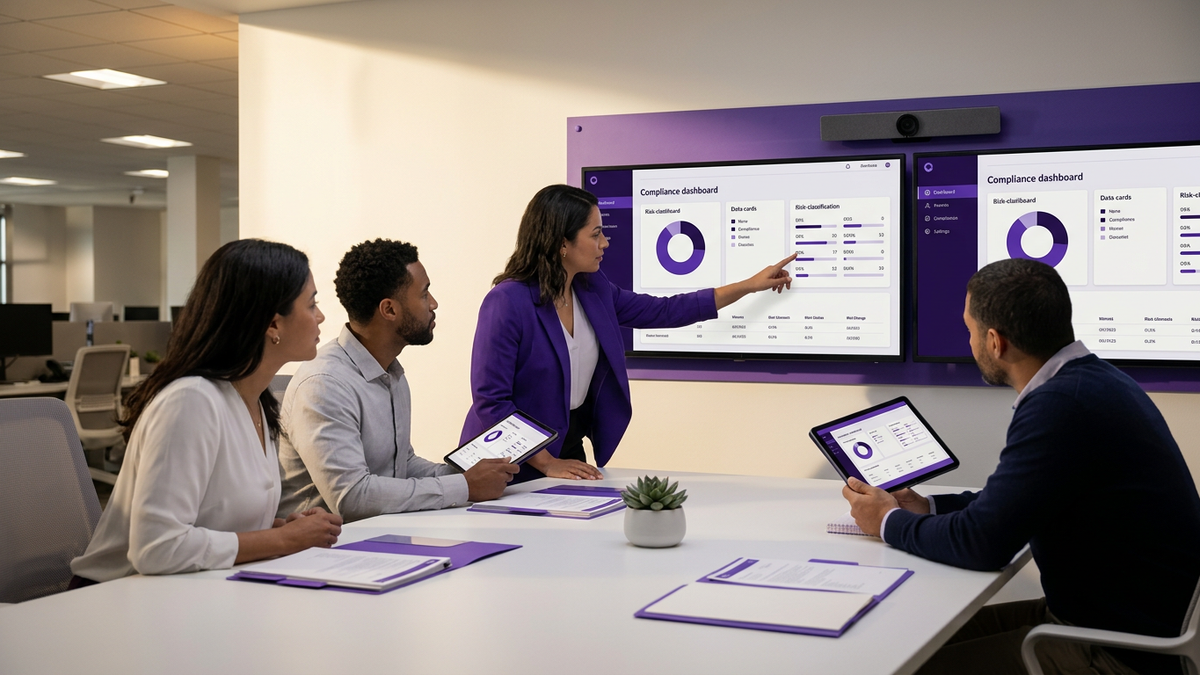 Diverse compliance and IT professionals collaborating around a conference table with large screens showing AI governance dashboards
