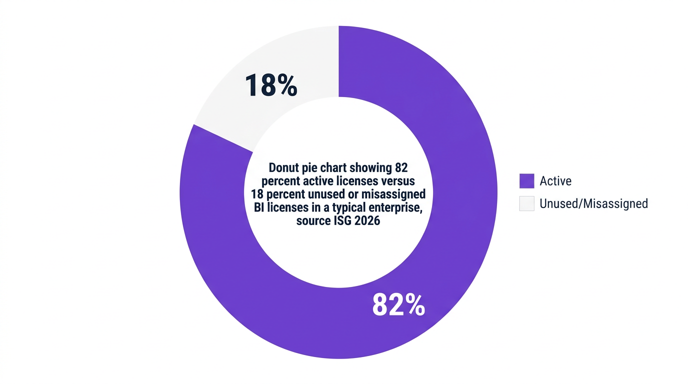 Pie chart showing donut pie chart showing 82 percent active licenses versus 18 percent unused or misassigned power bi licenses in a typical enterprise, source isg 2026 — data visualization for share of licenses (%)
