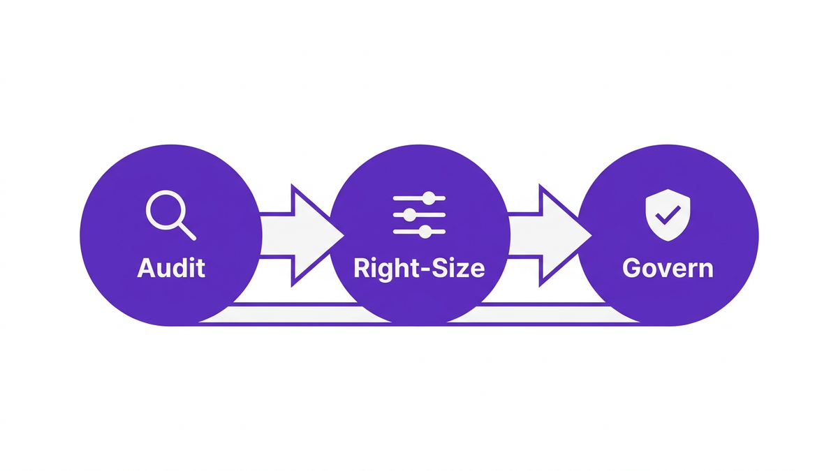 Flat editorial illustration of the three-stage Audit, Right-Size, Govern framework for Power BI cost reduction