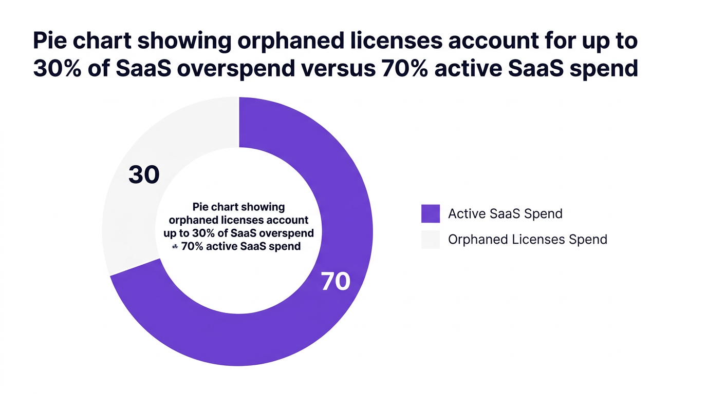 Pie chart showing pie chart showing orphaned licenses account for up to 30% of saas overspend versus 70% active saas spend — data visualization for impact of orphaned licenses on saas overspend (2026)
