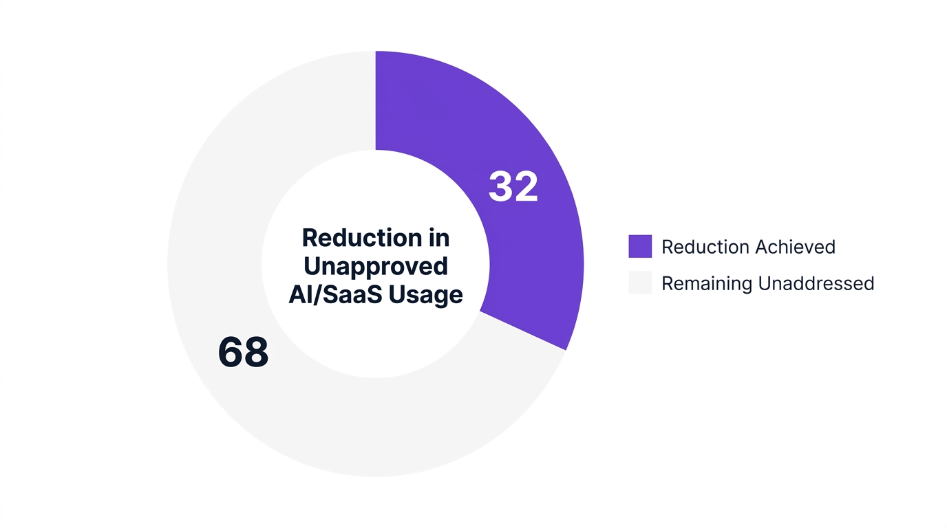 Donut chart showing 32% reduction in unapproved AI and SaaS app usage achieved through automated governance versus 68% remaining unaddressed