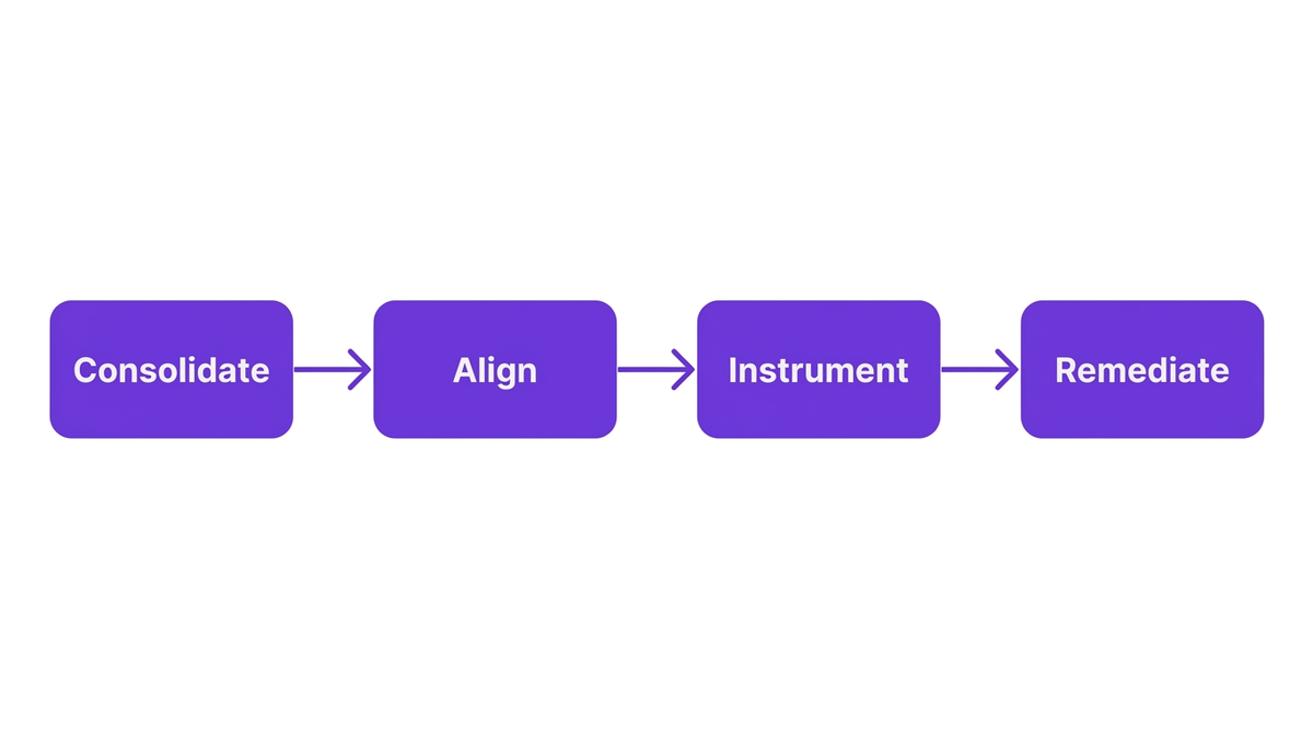 Four-step C.A.I.R. framework diagram for Microsoft 365 SAM showing Consolidate, Align, Instrument, and Remediate steps